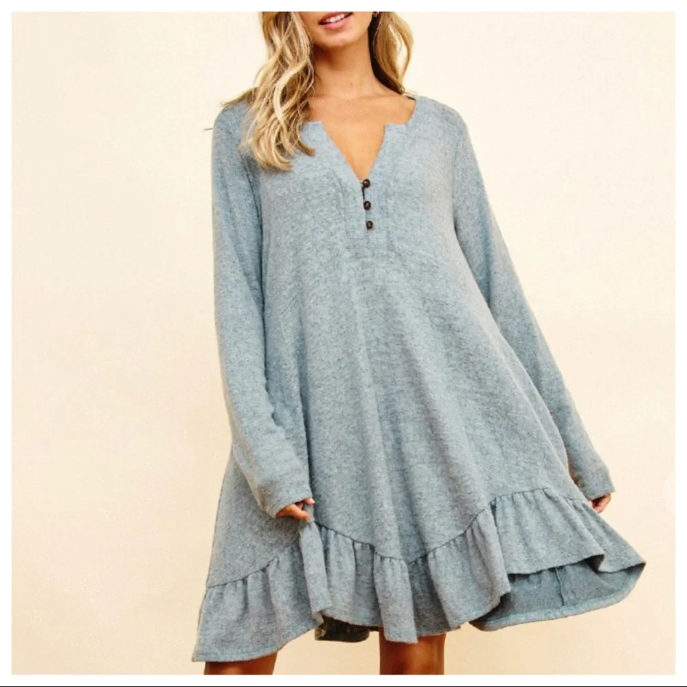 So Soft Cozy And Comfy Ruffle Hem Solid Tunic Dress - Picture 5 of 5